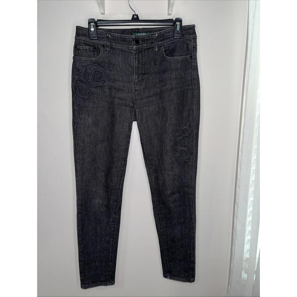 Lauren Ralph Lauren Jeans Womens 6P Black Denim Embroidered Skinny